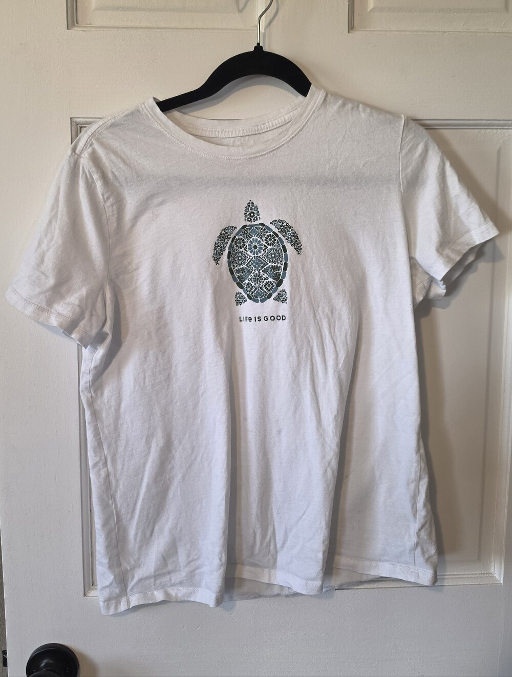 Life Is Good White Short-Sleeve Tee with Teal Sea Turtle Graphic